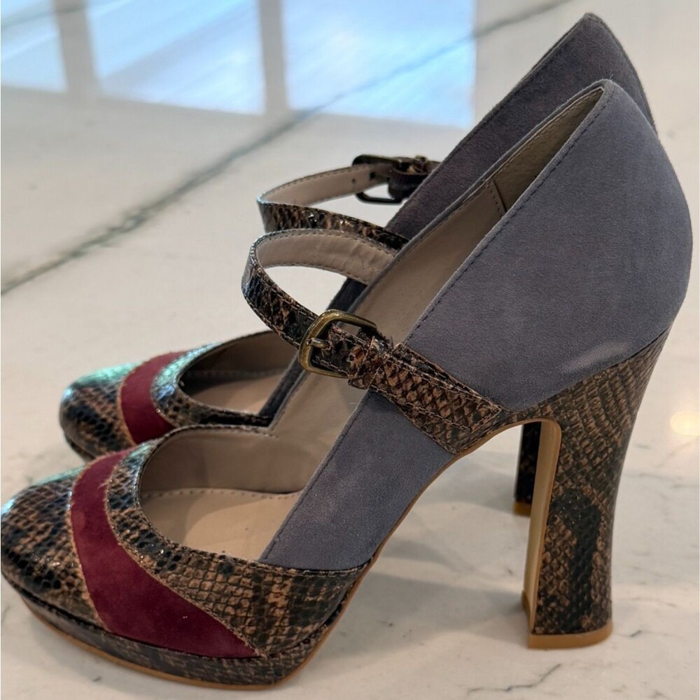 Hinge Vintage Boho Eclectic Snakeskin/Suede Mary Jane Pumps SZ 8.5